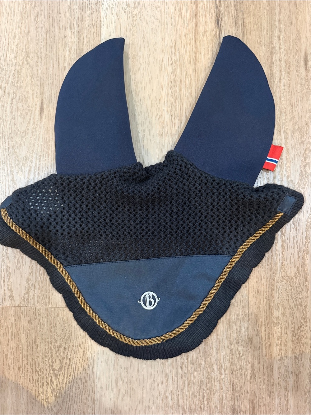 B vertigo Equestrian Ear Bonnet - navy with Gold Trim